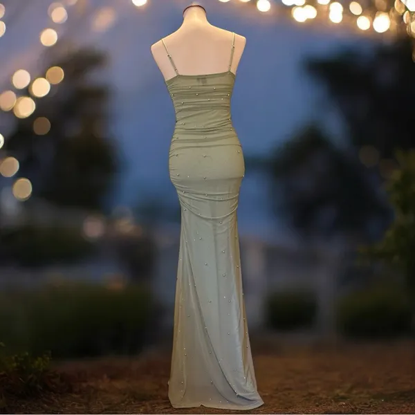 Windsor Shimmering Desire Sage Rhinestone Ruched Mesh Formal Dress XS - Image 3