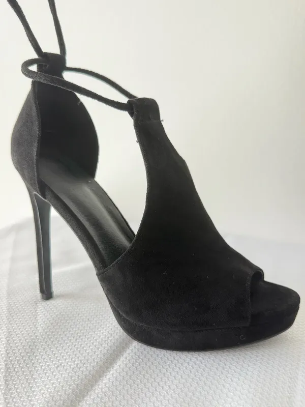 Black Suede Lace-Up Peep Toe Stilettos - Image 3