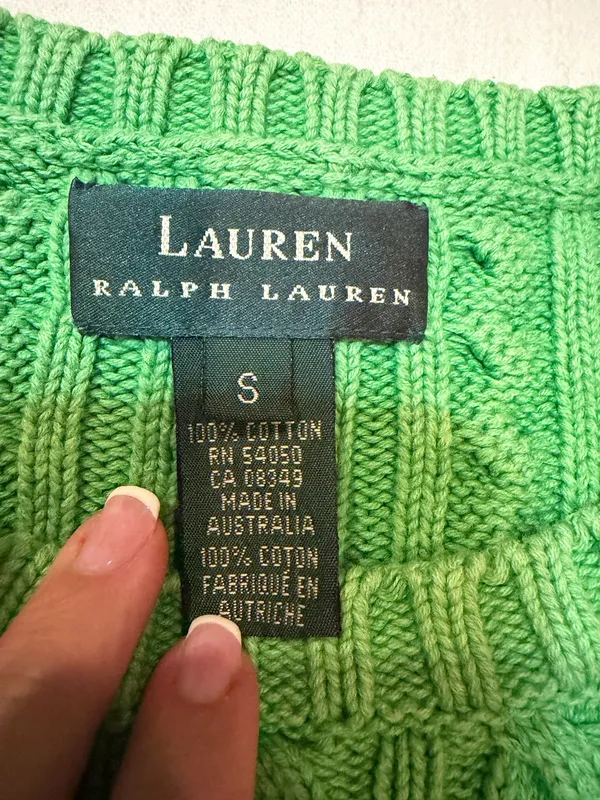 Lauren Ralph Lauren Green Cable Knit Crest Sweater 100% Cotton Size Small - Image 4