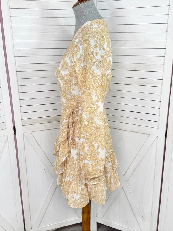Jun‎ & Ivy by Francesca's Floral Boho Ruffle Wrap Mini Dress Yellow Cream Small - Image 2