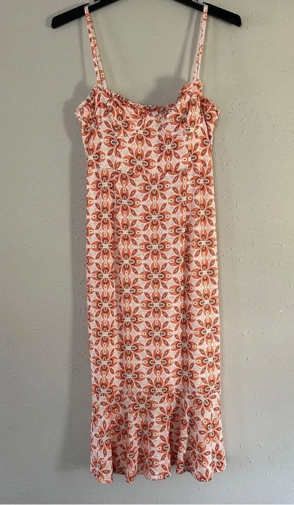 Slate & Willow Printed Ruffle Hem Cream Orange Midi Dress Formal Wedding Guest - Image 2