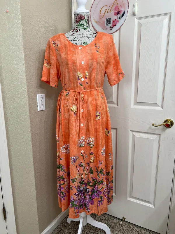 La Cera Orange Floral Button-Front Midi Dress Short Sleeve with Pockets Size M - Image 2