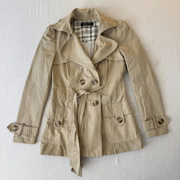 Zara TRF Autumn Trench Coat S Tan Belted Puff Sleeve Y2K Parisian Utility - Image 11