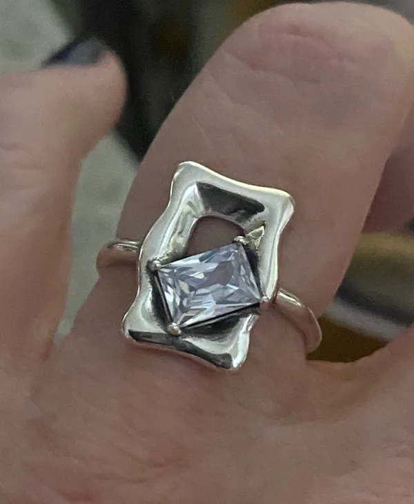 Womens Sterling Silver Geometric Glass Stone Adjustable Ring - Image 4
