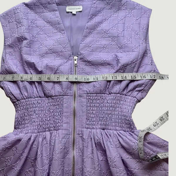 Entro Lavender Floral Checkerboard Zip Front Smocked Mini Dress D25862 Medium - Image 6