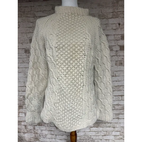 Vtg Hand Knits Cable Sweater Cream Irish Wool Aran Fisherman M - Image 2