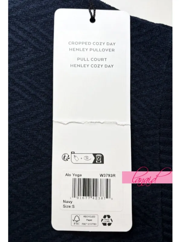 Alo Cropped Cozy Day Henley Pullover Navy V-Neck Velvet Velour Chevron Sweater S - Image 10