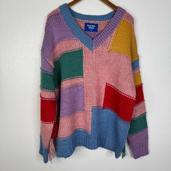 Aelfric‎ Eden Colorful Rainbow Fringe Sleeve Chunky Knit Sweater Size Medium - Image 2