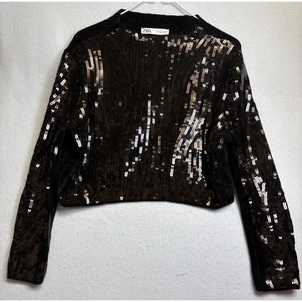 ZARA Sequin Pullover Top Black Cropped Long Sleeve Crew Neck Sweater Small - Image 2