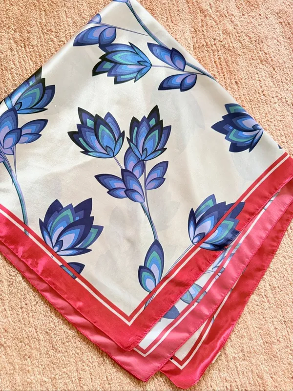 Large Square Floral Scarf Red Blue Ivory 35” - Image 4