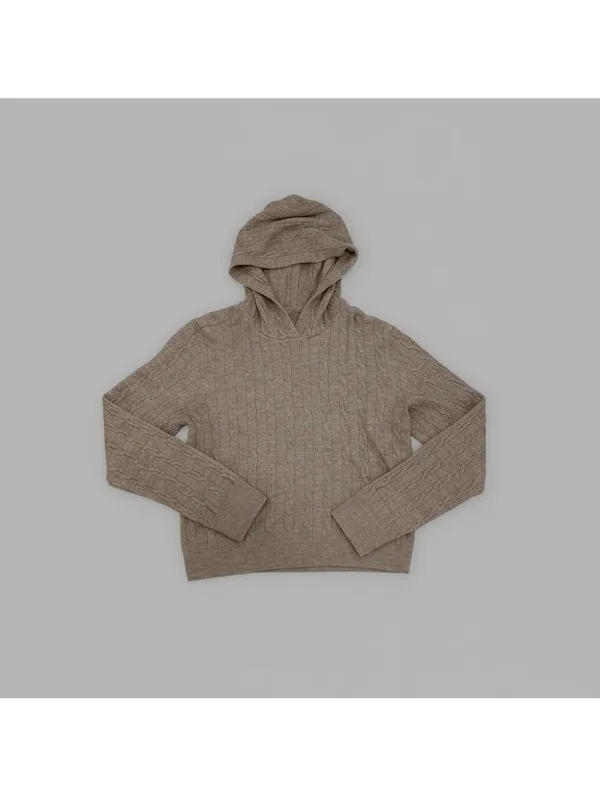 Uniqlo Women's Heather Brown Cable Knit Hoodie Sweater Granola Cottage Pullover - Image 2