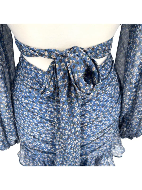 Bardot Floral V-Neck Long-Sleeve Mini Dress Ruffled Ruched Blue Size XL - Image 9