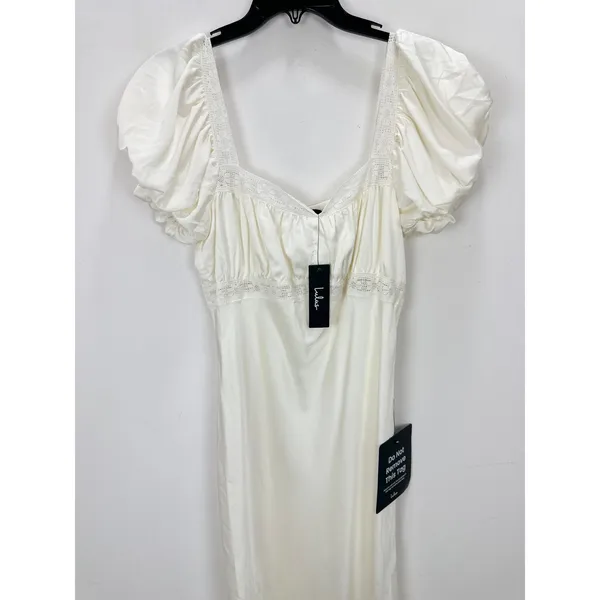 Lulus Catherine Ivory Satin Puff Sleeve Slip Midi Dress Romantic Cocktail L NWT - Image 7