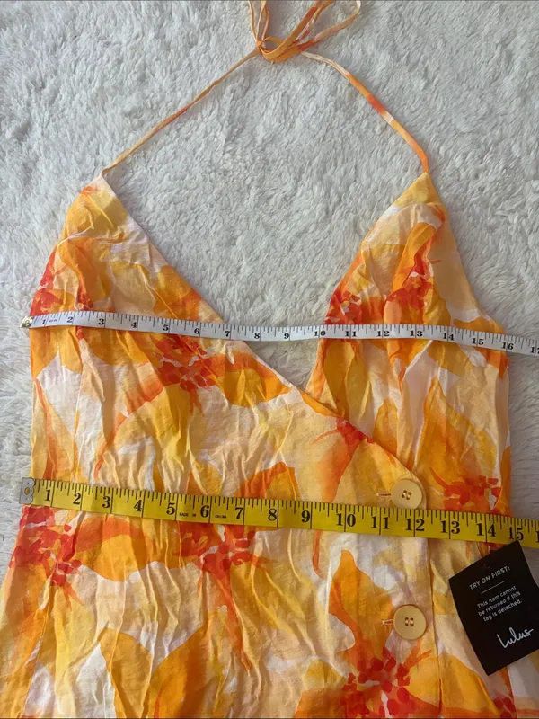 Lulus Prue Orange Floral Halter Mini Dress Size large Sleeveless V Neck Vacation - Image 8