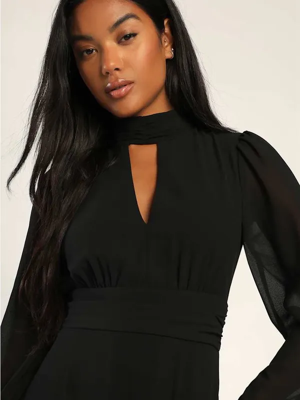 NWOT Lulus Bask in Love Black Long Sleeve Mock Neck Maxi Dress Small - Image 2