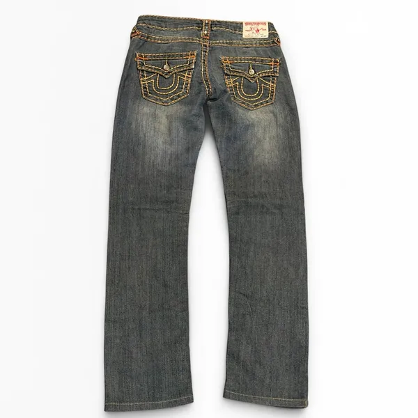 True Religion Joey Super T Straight Leg Jeans Orange‎ Yellow Stitch BLING Y2K 26 - Image 2