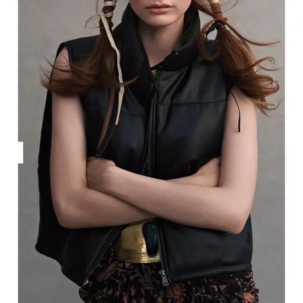 Anthropologie Faux Leather Puffer Vest Black Cropped Full Zip Pockets Size Small - Image 11