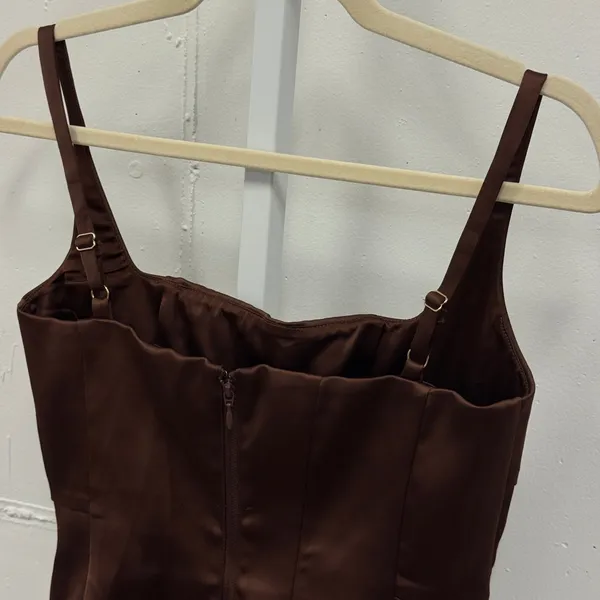Oh Polly Chocolate Brown Satin‎ Lace Up Corset Top Square Neck US 4 Party Sexy - Image 5