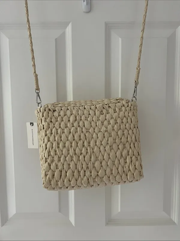Anthropologie Beaded Woven Crossbody Bag in Natural Beige - Image 6