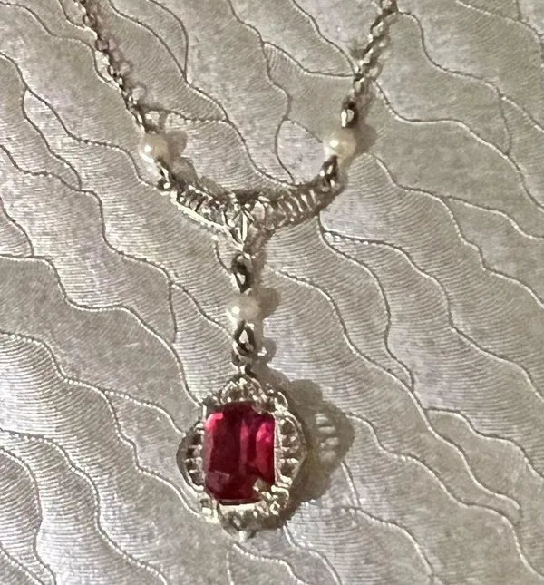 10K Gold 13” Red Stone/Pearl Drop Necklace - Image 16