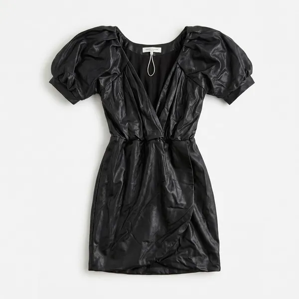 Amanda Uprichard Faux Leather Puff Sleeve Mini Dress Black Wrap V-Neck Small - Image 2