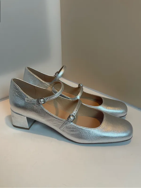 Madewell Silver Metallic Leather Double Strap Nettie Heeled Mary Jane Shoes 8.5 - Image 3
