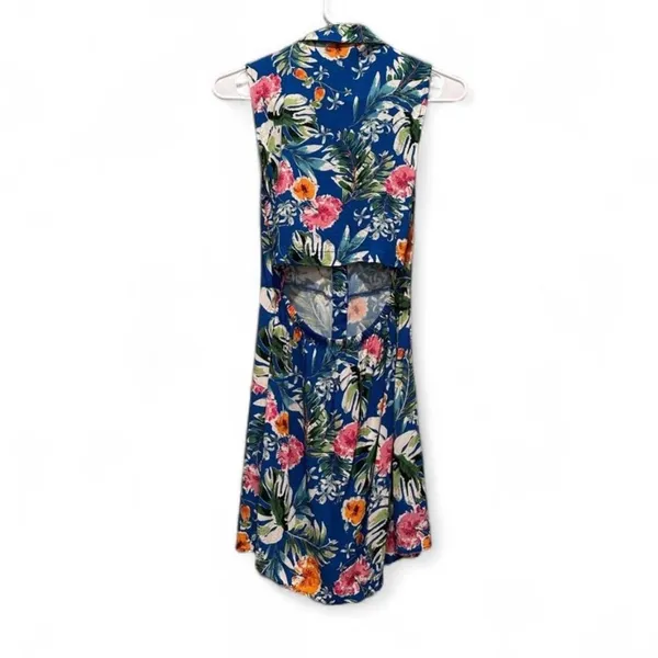 Bershka Blue Colorful Floral Mini Collared Button Down‎ Dress Sz Small - Image 2