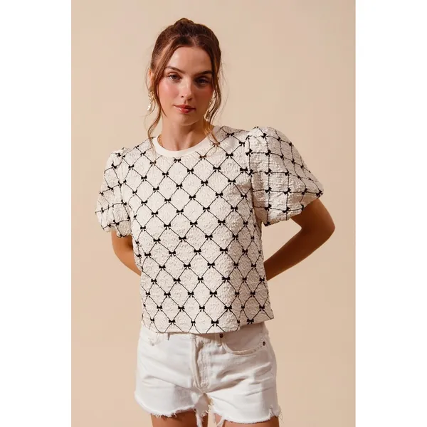 SO ME Bow Texture Woven Bubble‎ Sleeve Top - Ivory - Large - Image 3