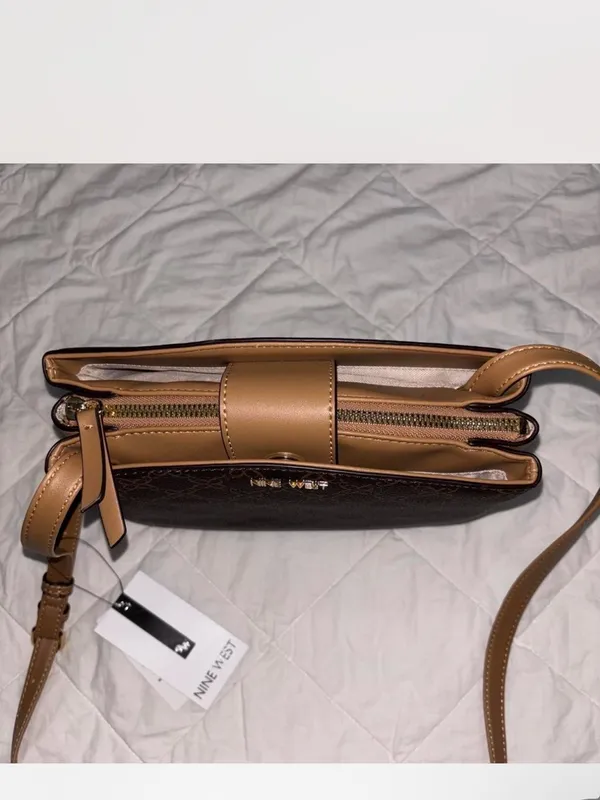 Nine West Brown Monogrammed Crossbody with Tan Strap - Image 4