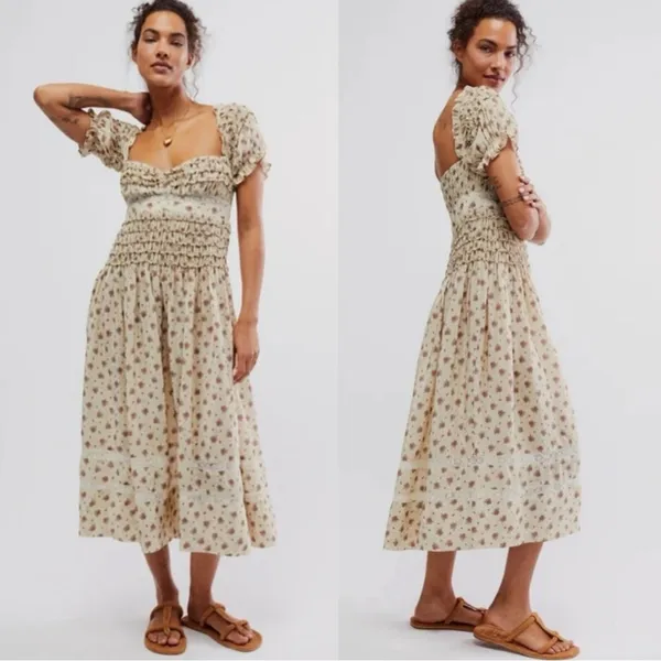 Free People Dainty Cottage Ethereal Bali Juniper Midi Dress 8 Lace Cream Floral - Image 2