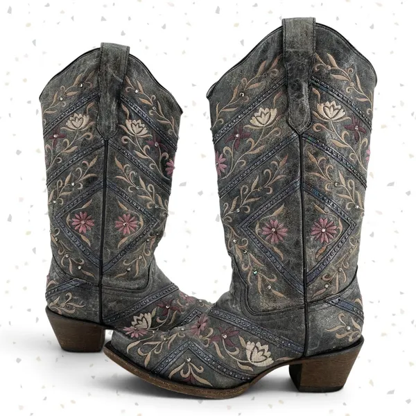 Corral Western Cowboy Boots Gray Floral Gems Embroidered Country Concert Size 9 - Image 2