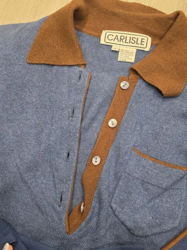 Carlisle Silk Cashmere Button-Up Top Wool Pants & Leather Belt Set Blue & Brown - Image 4