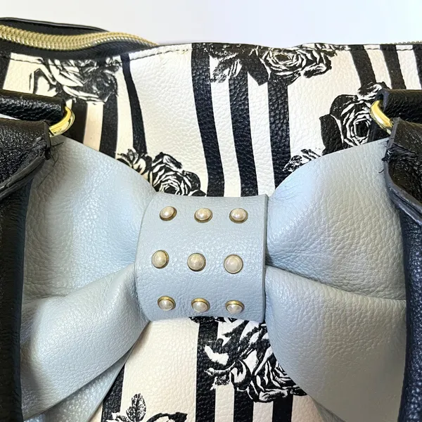 Betsey Johnson Blue Bow Faux Leather Floral Stripe Dome Satchel Bag Handbag - Image 8