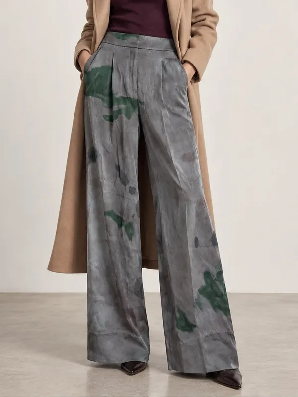 Veronica Beard 0 Robinne Wide Leg Pleated Trousers Gray Green Watercolor Artwear - Image 4