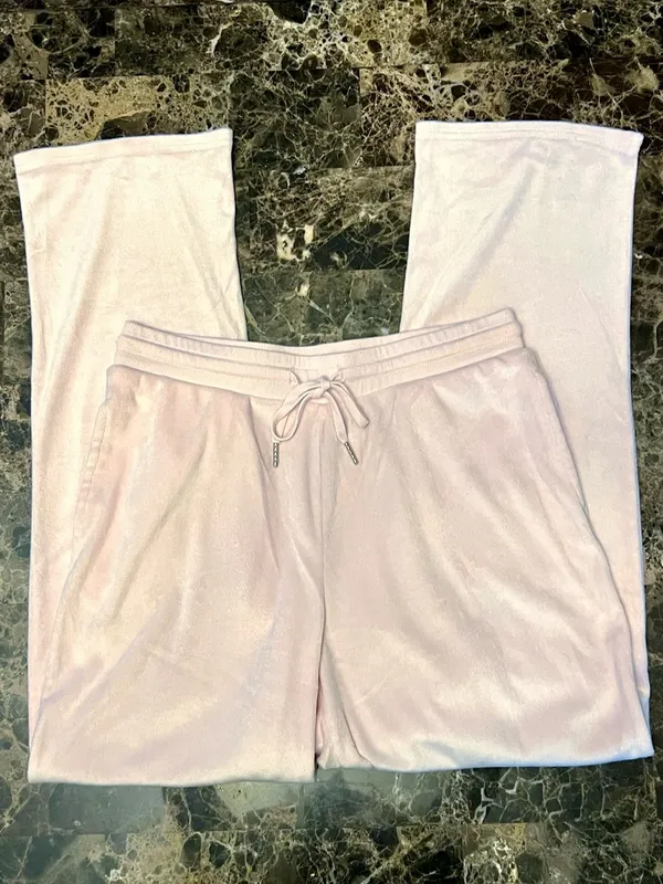 Juicy Couture Velvet Fleece Light Pink Rhinestone Wide Leg Pants Medium - Image 4