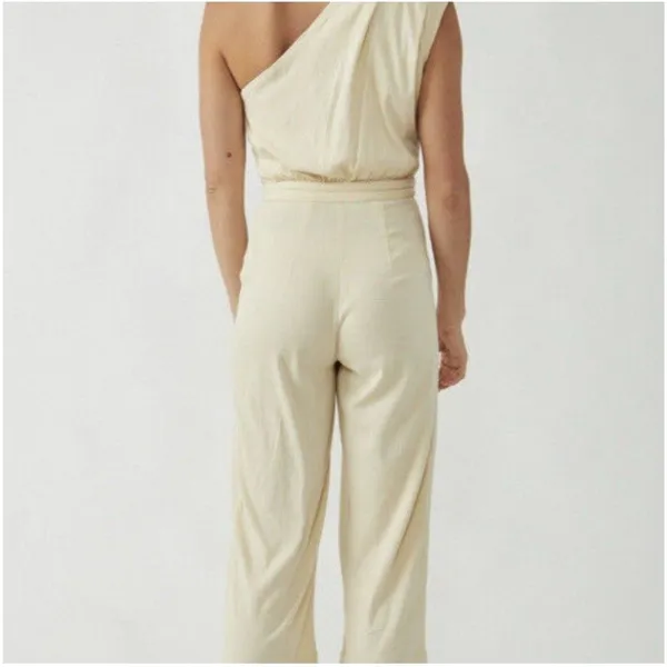 Free People Avery Jumpsuit Size 6 One Shoulder Wide Leg‎ Pocket Cream Color - Image 2