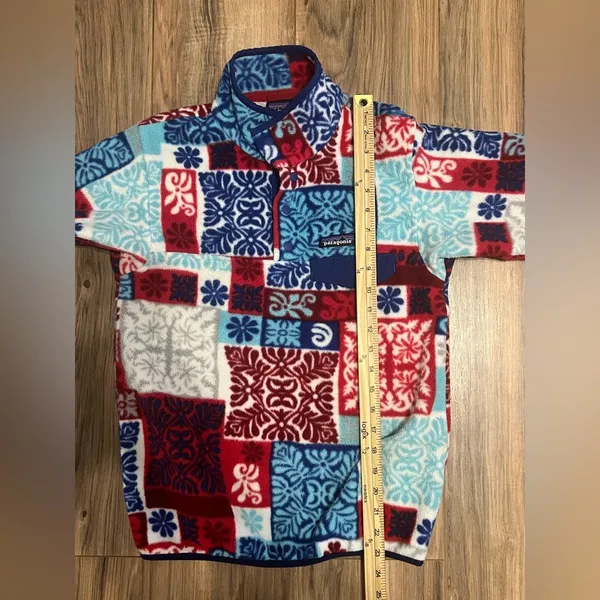Patagonia Synchilla Snap-T Fleece Pullover XXS Patchwork Print Red Blue Vintage - Image 10