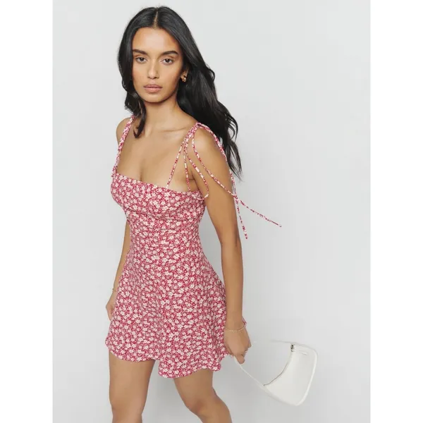 Reformation Presley Mini Dress Crimson Red Ditsy Floral Tie Strap NEW WOMENS 2 - Image 6