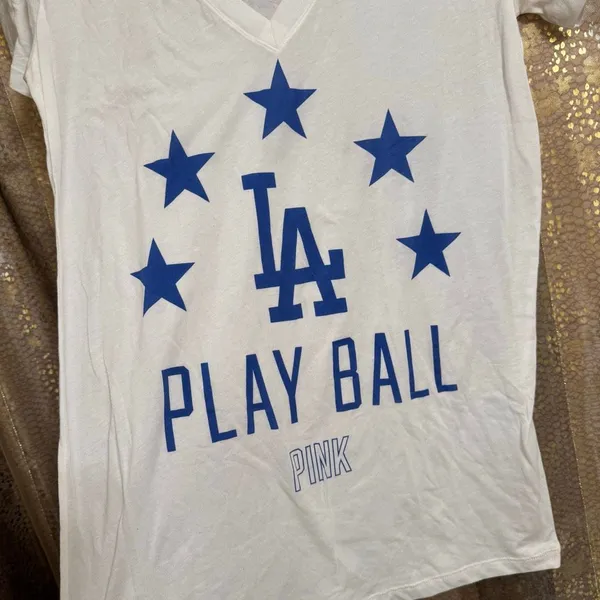PINK Victorias Secret Los Angeles Dodgers Play Ball V Neck Top Large NWT - Image 3