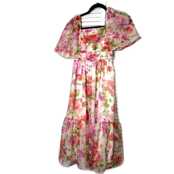 Abercrombie & Fitch Emerson Strawberry Floral Tiered Angle Sleeve Midi Dress S - Image 3