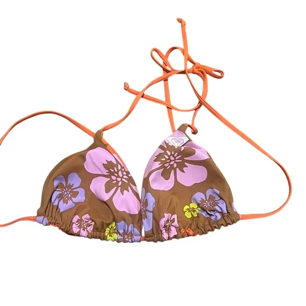Roxy Bikini Top Womens Size S Reversible Triangle Halter Tie Floral Orange - Image 4