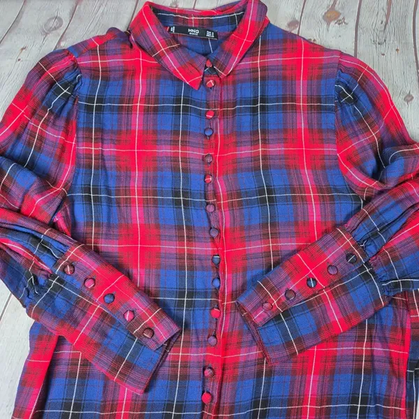 Mango MNG Basics Womens Annie Red Blue Plaid Long Sleeve Button‎ Up Shirt Size 4 - Image 5