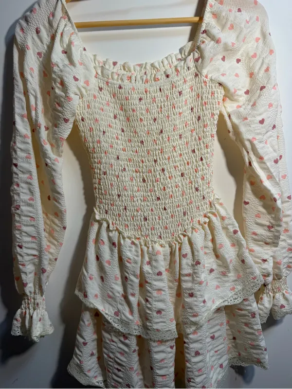 Heart Print Smocked Mini Dress XS Cottagecore Coquette Puff Sleeve Lace Trim - Image 5