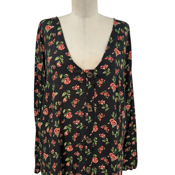 ASOS Floral Print‎ Black Pink Green Button Front Mini Tunic Dress Size US 12 - Image 2