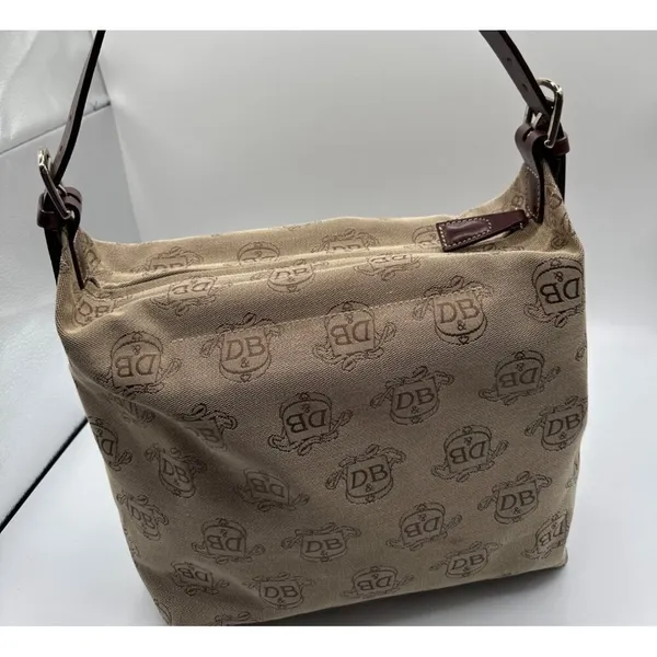Dooney & Bourke Beige Signature Logo Canvas Shoulder Bag Brown Leather Strap - Image 8