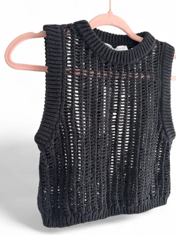 Zara Black Open-Knit Top Crochet Vest Cropped Layering Casual Women’s Size Small - Image 2