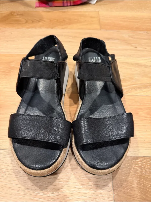 Eileen Fisher dash‎ strappy Black Leather Platform Espadrille Sandal 7 - Image 2