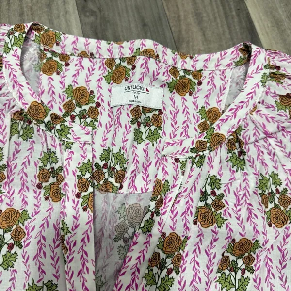 UNTUCKit Carrie Cotton Raglan Sleeve Blouse Pink Green Floral Medallion Size M - Image 3
