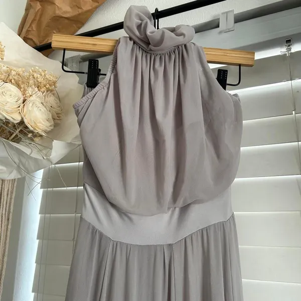 Ruffle Halter Maxi Dress small Taupe Y2K whimsi Fairy Grunge Romantic Boho slit - Image 4