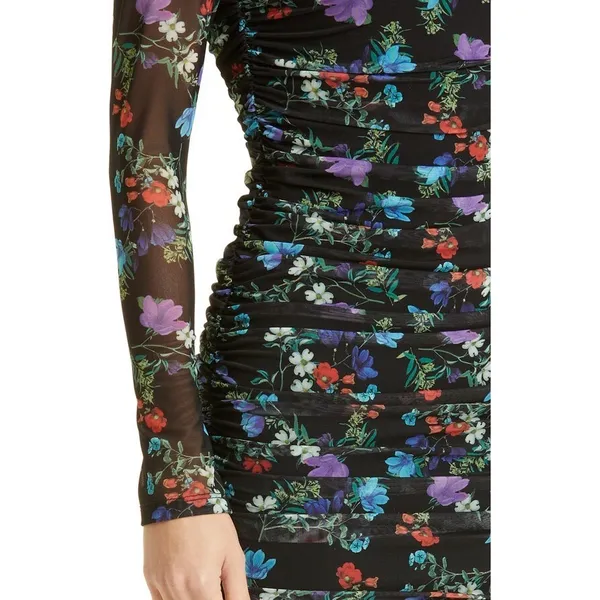 Alice + Olivia Delora Floral Black Mesh Ruched Turtleneck Dress Size 4 Romantic‎ - Image 4